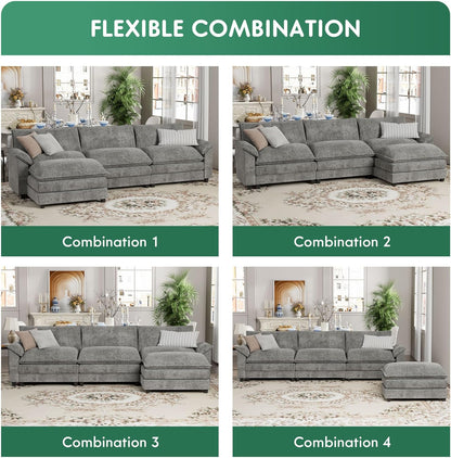 YESHOMY Sectional Modular Sofa L Shaped Chenille Fabric Couch with High Supportive & Soft Sponges and Removable Ottoman, Sleeper Comfy Upholstered Furniture for Living Room, Grey