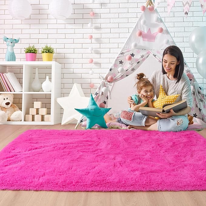 Noahas Fluffy 4x6 Hot Pink Rugs for Bedroom Girls,Shaggy Kids Rug,Thick Shag Throw Carpet,Soft Non-Slip Dorm Nursery Area Rugs for Living Room Home Decor Aesthetic