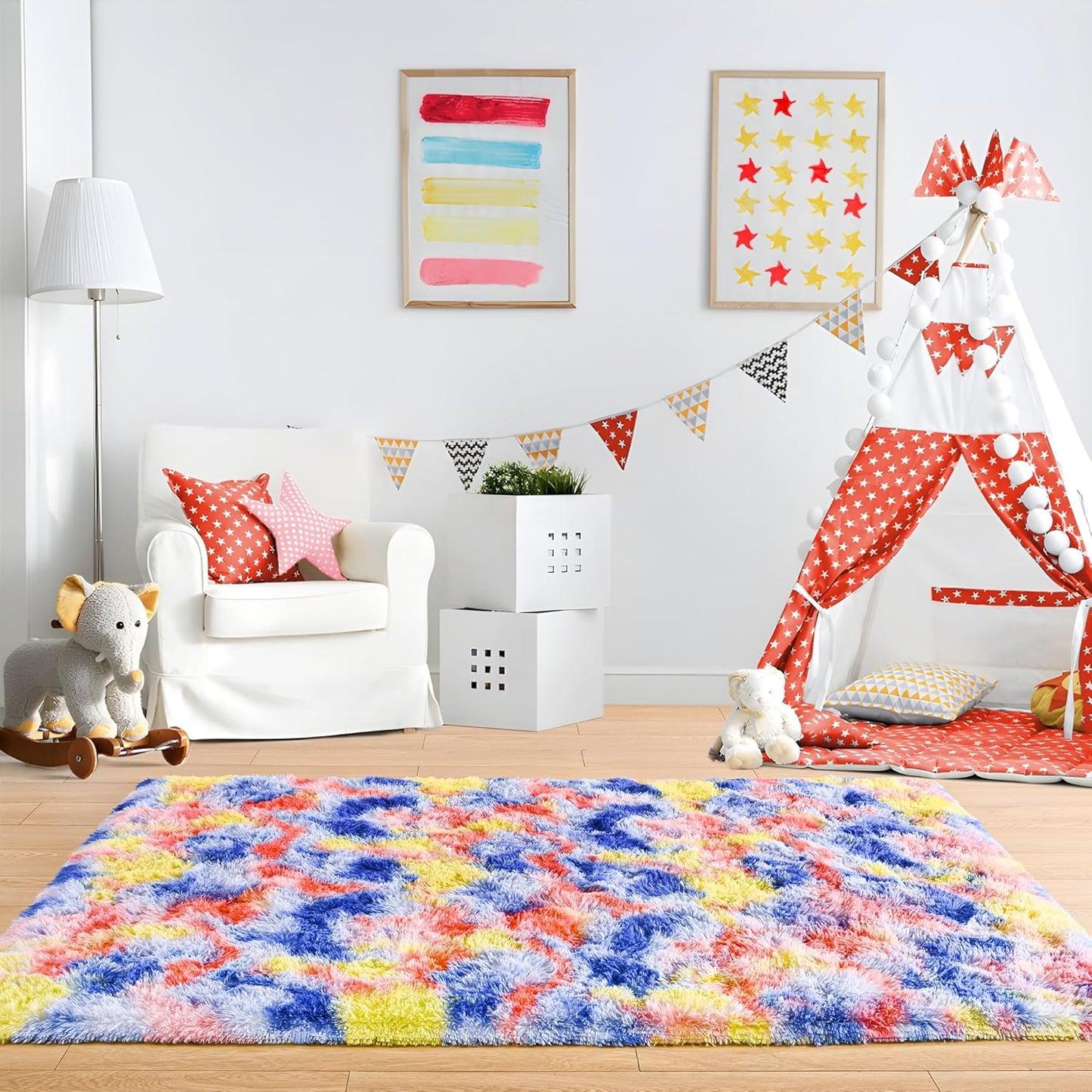 Noahas 5x8 Area Rugs for Living Room,Tie-Dyed Blue and Yellow Area Rug,Big Shaggy Rugs for Bedroom,Fluffy Large Carpet,Soft Kids Rug Non Slip Reduce Noise Room Decor