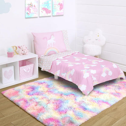 Noahas 3x5 Fluffy Pink Kids Rugs for Room,Rainbow Rug for Girls Bedroom,Soft Playroom Shag Nursery Carpets Room Decor