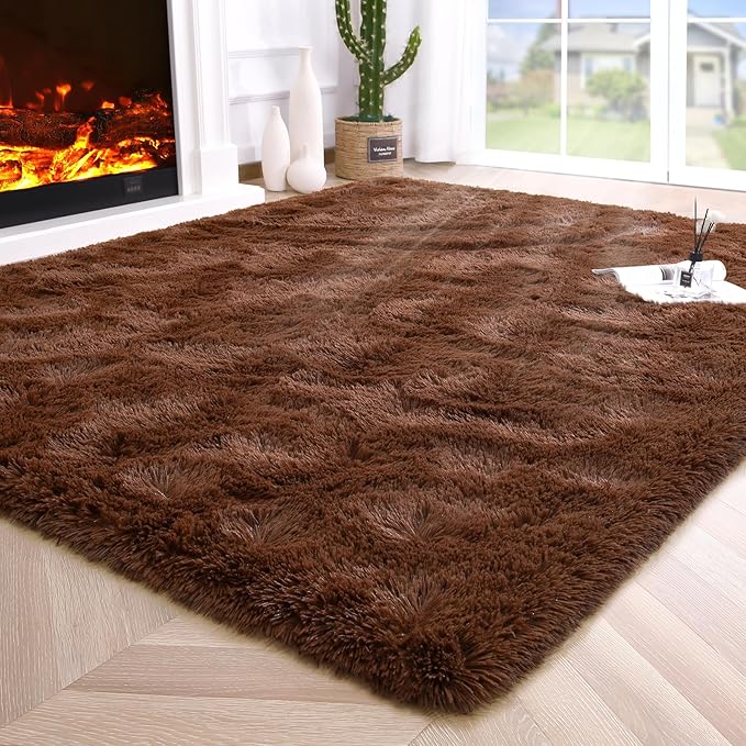 Noahas Fluffy Brown Area Rugs for Bedroom Living Room,4x5.3 Feet Thick Shag Throw Floor Carpet,Soft Shaggy Non-Slip Plush Dorm Nursery Kids Rug Home Decor Aesthetic