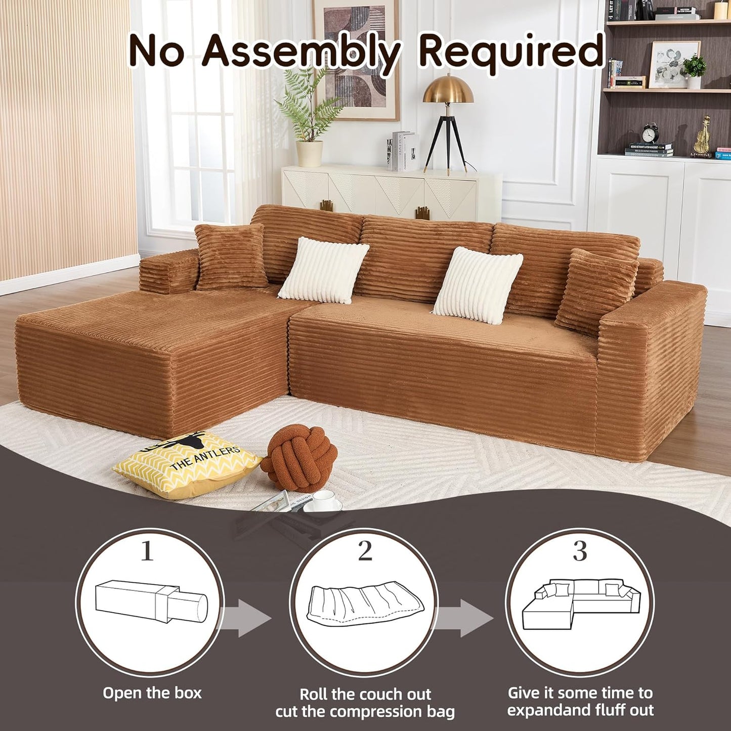 108" Boneless Couches for Living Room, Modular Sectional Sofa with Oversized Chaise, L-Shape Cloud Couch with Deep Seat, High-Density Memory Foam, No Assembly Required, Plush Corduroy Brown