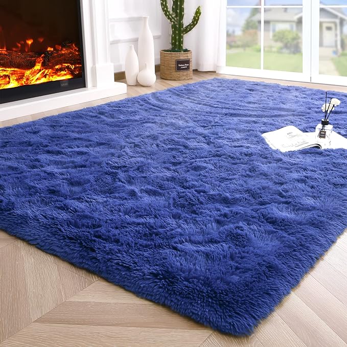 Noahas Fluffy Bedroom Rug Plush Fuzzy Rugs for Kids Room Living Room, Soft Shaggy Nursery Rug Furry Floor Carpet Modern Indoor Bedroom Decor Cute Boys Girls Room Rug, 4x5.3 Feet, Light Navy