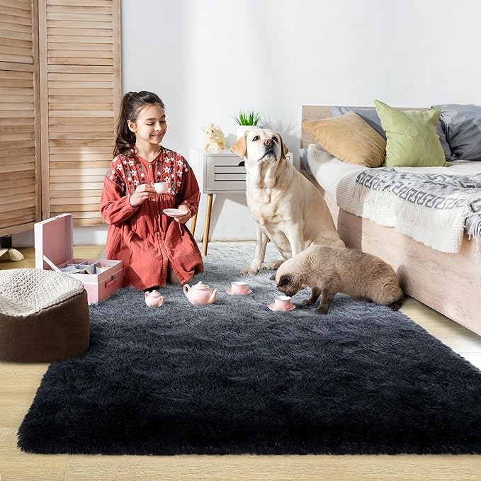 Noahas Fuzzy Rugs for Bedroom,4x6 Tie-Dyed Black and Grey Area Rug,Fluffy Thick Shag Carpet,Fuzzy Living Room Rugs,Soft Kids Rug Non Slip Reduce Noise Room Decor
