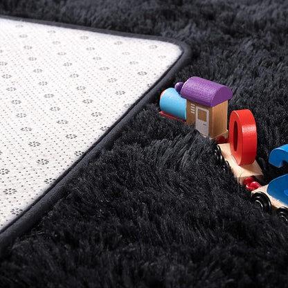 Noahas Fluffy Black Area Rugs for Bedroom Living Room,4x5.3 Feet Thick Shag Throw Floor Carpet,Soft Shaggy Non-Slip Plush Dorm Nursery Kids Rug Home Decor Aesthetic