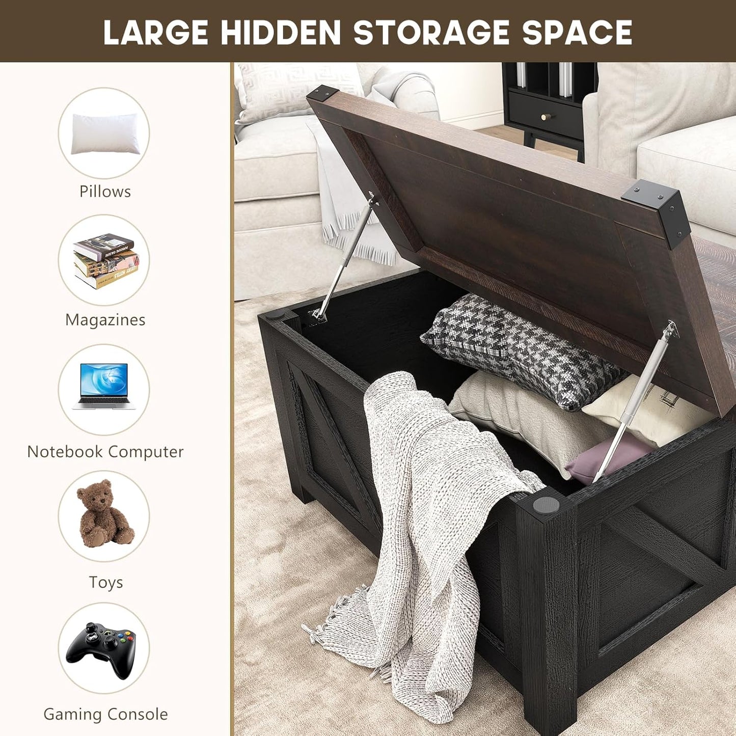 Farmhouse Lift Top Coffee Table with Storage, Wood Square Center Table with Charging Station&USB Port, Living Room Table w/Large Hidden Space, for Living Room, Bedroom, Home Office, Black