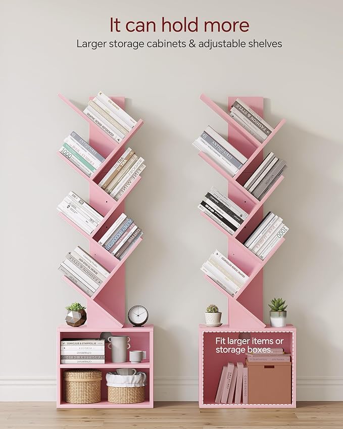 SUNMORY 6 Tier Tree Bookshelf, Tall Bookcase with Storage Cabinet, Modern Narrow Bookshelves Organizer, Floor Standing Book Shelf for Bedroom/Living Room/Home Office/Corner, Pink
