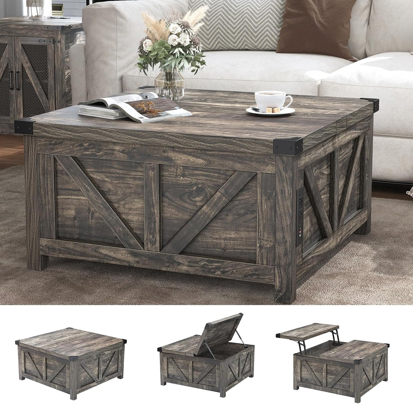 Farmhouse Lift Top Coffee Table with Storage, Wood Square Center Table with Charging Station&USB Port, Living Room Table w/Large Hidden Space, for Living Room, Bedroom, Home Office, Dark Grey
