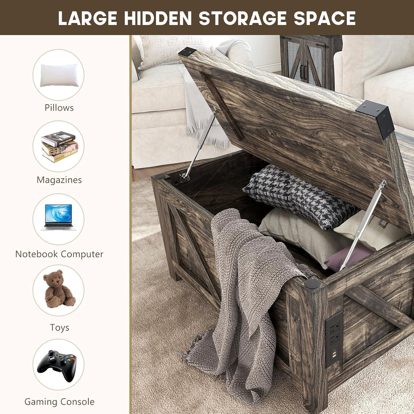Farmhouse Lift Top Coffee Table with Storage, Wood Square Center Table with Charging Station&USB Port, Living Room Table w/Large Hidden Space, for Living Room, Bedroom, Home Office, Dark Grey