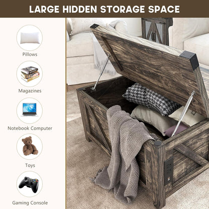 Farmhouse Lift Top Coffee Table with Storage, Wood Square Center Table with Charging Station&USB Port, Living Room Table w/Large Hidden Space, for Living Room, Bedroom, Home Office, Dark Grey