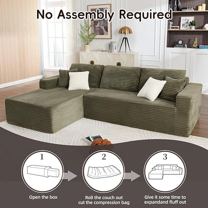 108" Boneless Couches for Living Room, Modular Sectional Sofa with Oversized Chaise, L-Shape Cloud Couch with Deep Seat, High-Density Memory Foam, No Assembly Required, Plush Corduroy Green