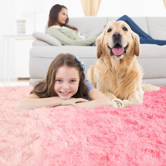 Noahas 4x6 Fluffy Kids Rugs for Room,Soft Red and PinkTie-Dyed Rainbow Rug for Girls Bedroom,Soft Colorful Playroom Shag Nursery Carpets Room Decor