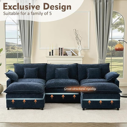 108" U Shaped Couch, Modular Sectional Sofa, 3-Seater Comfy Cloud Couch with Movable Ottoman, Deep Seat Couches for Living Room, Chenille, Navy