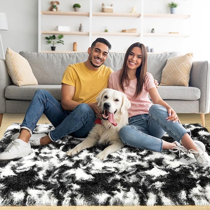 Noahas Fluffy 4x6 Area Rugs for Bedroom Living Room,Tie-Dyed Black and White Thick Shag Throw Floor Carpet,Soft Shaggy Bedside Non-Slip Plush Dorm Nursery Kids Rug