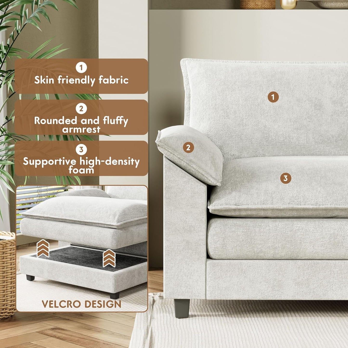 YESHOMY Sectional Modular Sofa U Shaped Chenille Fabric Couch with High Supportive & Soft Sponges and Removable Ottoman, Sleeper Comfy Upholstered Furniture for Living Room, White