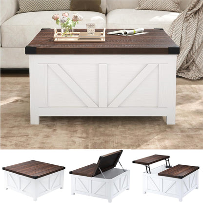 Farmhouse Lift Top Coffee Table with Storage, Wood Square Center Table with Charging Station&USB Port, Living Room Table w/Large Hidden Space, for Living Room, Bedroom, Home Office, White