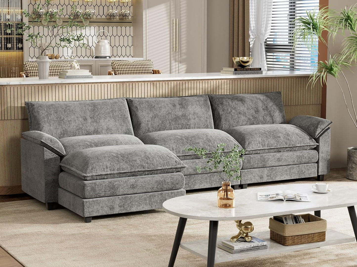 YESHOMY Sectional Modular Sofa L Shaped Chenille Fabric Couch with High Supportive & Soft Sponges and Removable Ottoman, Sleeper Comfy Upholstered Furniture for Living Room, Grey