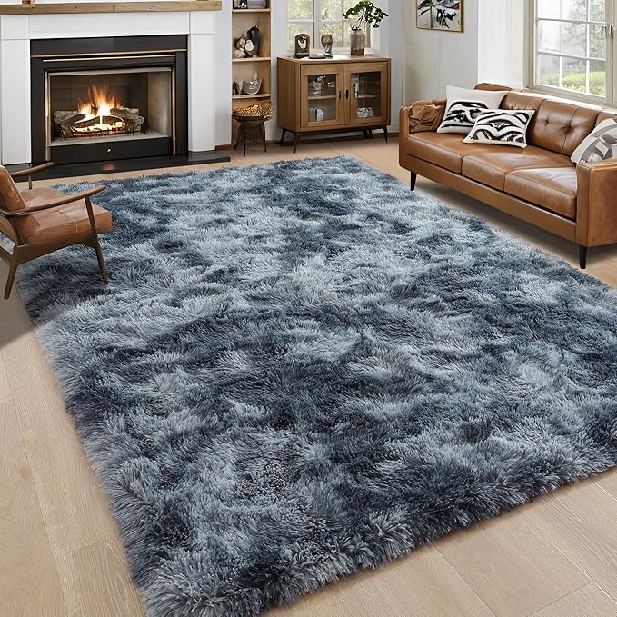 Noahas Fluffy 4x6 Area Rugs for Bedroom Living Room,Tie-Dyed Blue and Grey Thick Shag Throw Floor Carpet,Soft Shaggy Bedside Non-Slip Plush Dorm Nursery Kids Rug