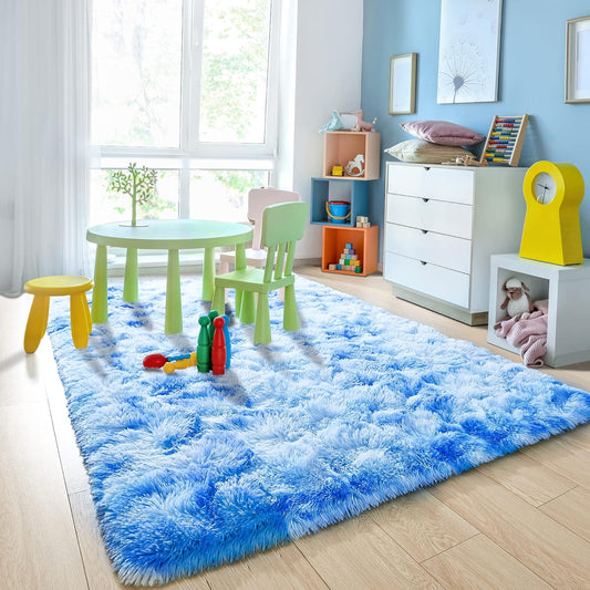 Noahas 4x6 Fluffy Kids Rugs for Room,Soft Blue Tie-Dyed Rainbow Rug for Girls Bedroom,Soft Colorful Playroom Shag Nursery Carpets Room Decor