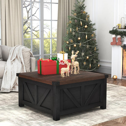 Farmhouse Lift Top Coffee Table with Storage, Wood Square Center Table with Charging Station&USB Port, Living Room Table w/Large Hidden Space, for Living Room, Bedroom, Home Office, Black