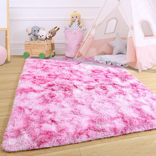 Noahas 4x6 Fluffy Kids Rugs for Room,Soft Pink Tie-Dyed Rainbow Rug for Girls Bedroom,Soft Colorful Playroom Shag Nursery Carpets Room Decor