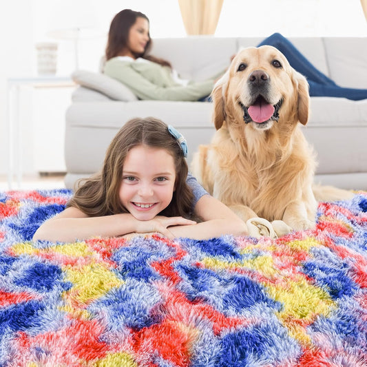 Noahas Kids Rugs for Bedroom Girls,3x5 Feet Rainbow Rug,Tie-Dyed Blue and Yellow Carpet,Shaggy Fluffy Bedroom Rug,Colorful Area Rug Nursery Toddler Room Decor
