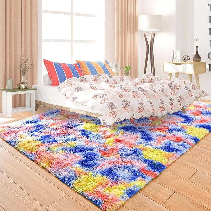 Noahas 5x8 Area Rugs for Living Room,Tie-Dyed Blue and Yellow Area Rug,Big Shaggy Rugs for Bedroom,Fluffy Large Carpet,Soft Kids Rug Non Slip Reduce Noise Room Decor