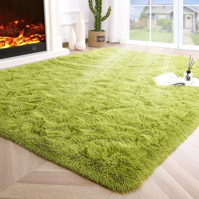 Noahas Fluffy Green Area Rugs for Bedroom Living Room,4x5.3 Feet Thick Shag Throw Floor Carpet,Soft Shaggy Non-Slip Plush Dorm Nursery Kids Rug Home Decor Aesthetic