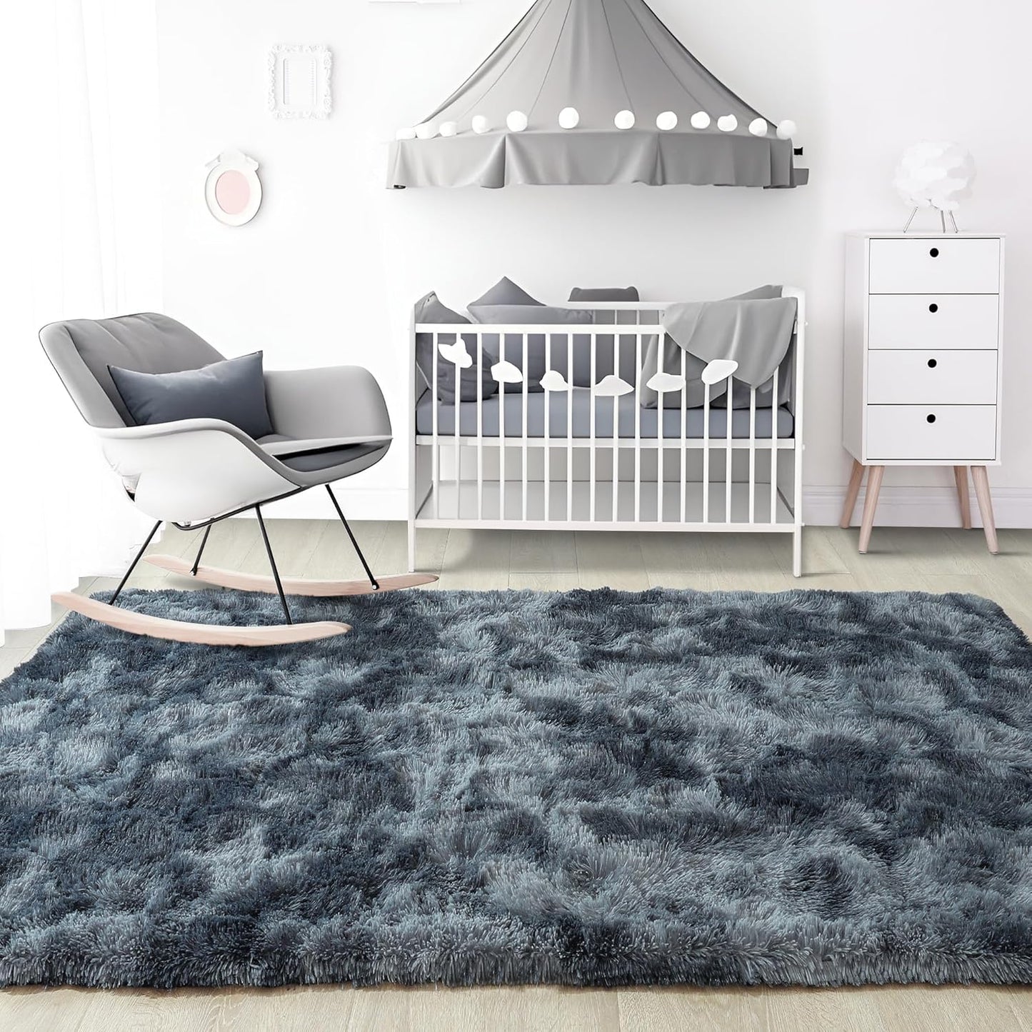 Noahas Fluffy 4x6 Area Rugs for Bedroom Living Room,Tie-Dyed Blue and Grey Thick Shag Throw Floor Carpet,Soft Shaggy Bedside Non-Slip Plush Dorm Nursery Kids Rug