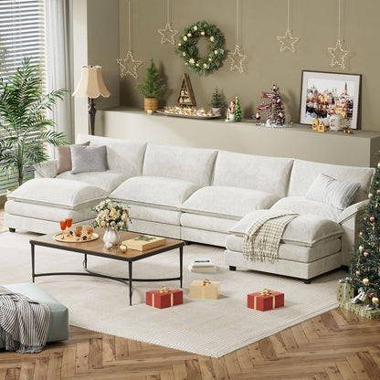 YESHOMY Sectional Modular Sofa U Shaped Chenille Fabric Couch with High Supportive & Soft Sponges and Removable Ottoman, Sleeper Comfy Upholstered Furniture for Living Room, White