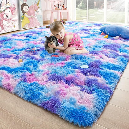 Noahas Fluffy 4x6 Area Rugs for Living Room,Tie-Dyed Blue and Purple Rugs for Bedroom,Thick Shag Throw Floor Carpet,Soft Shaggy Bedside Non-Slip Plush Dorm Nursery Kids Rug Home Decor Aesthetic