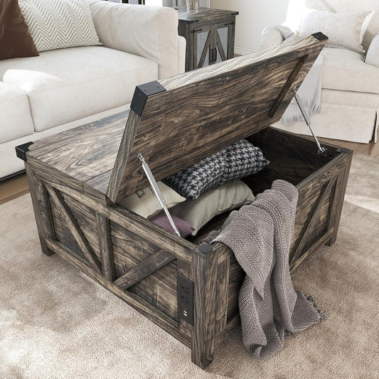 Farmhouse Lift Top Coffee Table with Storage, Wood Square Center Table with Charging Station&USB Port, Living Room Table w/Large Hidden Space, for Living Room, Bedroom, Home Office, Dark Grey