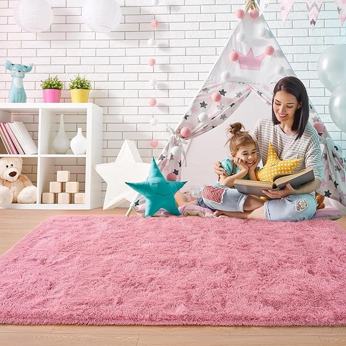 Noahas Fluffy Blush Area Rugs for Bedroom Living Room,4x5.3 Feet Thick Shag Throw Floor Carpet,Soft Shaggy Non-Slip Plush Dorm Nursery Kids Rug Home Decor Aesthetic