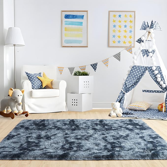 Noahas 5x8 Area Rugs for Living Room,Tie-Dyed Blue and Grey Area Rug,Big Shaggy Rugs for Bedroom,Fluffy Large Carpet,Soft Kids Rug Non Slip Reduce Noise Room Decor