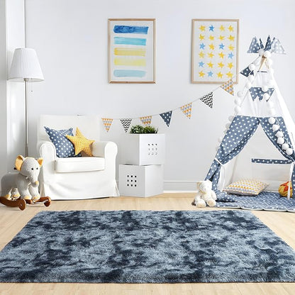 Noahas 5x8 Area Rugs for Living Room,Tie-Dyed Blue and Grey Area Rug,Big Shaggy Rugs for Bedroom,Fluffy Large Carpet,Soft Kids Rug Non Slip Reduce Noise Room Decor