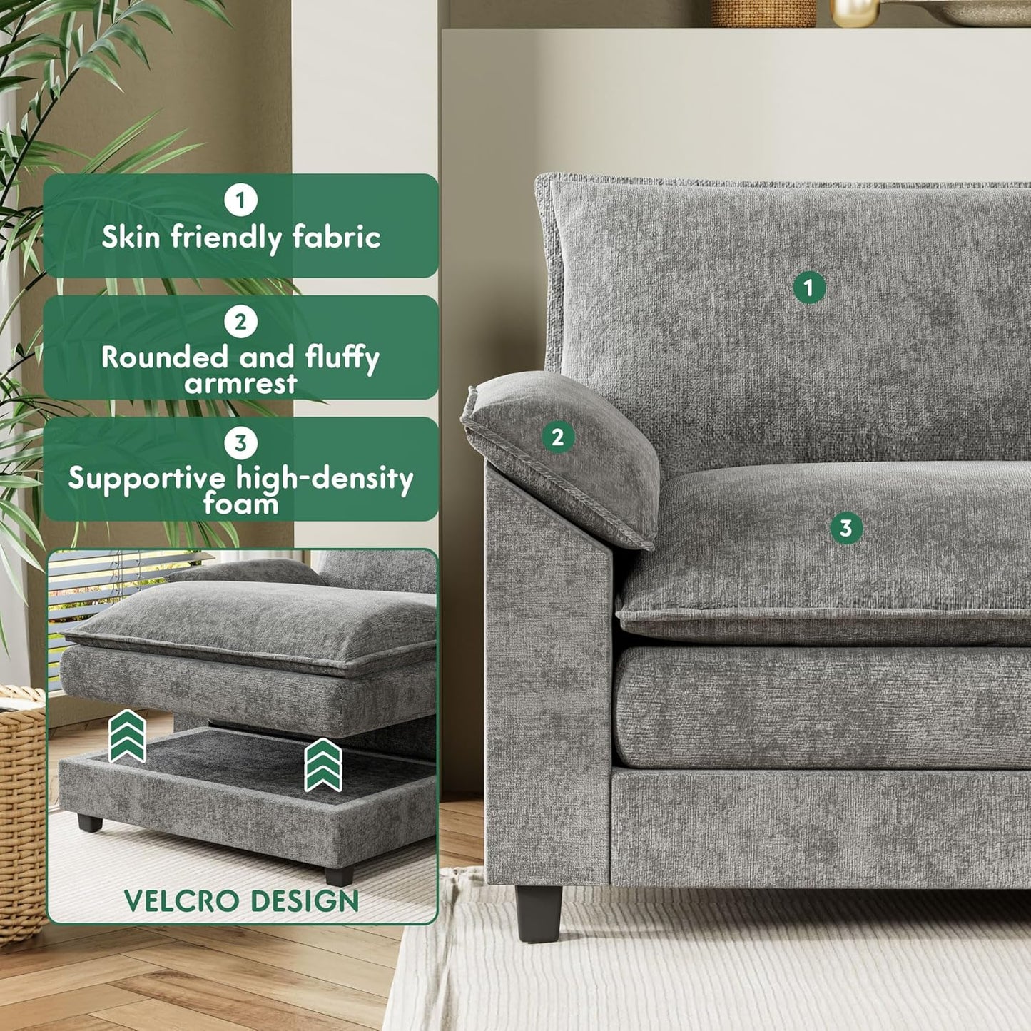 YESHOMY Sectional Modular Sofa L Shaped Chenille Fabric Couch with High Supportive & Soft Sponges and Removable Ottoman, Sleeper Comfy Upholstered Furniture for Living Room, Grey