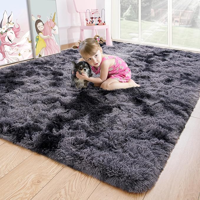 Noahas 8x10 Area Rugs for Living Room,Tie-Dyed Black and Dark Grey Area Rug,Big Shaggy Rugs for Bedroom,Fluffy Large Carpet,Soft Kids Rug Non Slip Reduce Noise Room Decor