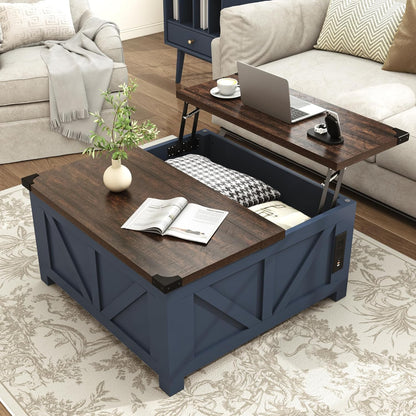 Farmhouse Lift Top Coffee Table with Storage, Wood Square Center Table with Charging Station&USB Port, Living Room Table w/Large Hidden Space, for Living Room, Bedroom, Home Office, Blue