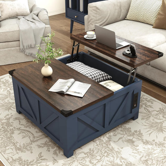 Farmhouse Lift Top Coffee Table with Storage, Wood Square Center Table with Charging Station&USB Port, Living Room Table w/Large Hidden Space, for Living Room, Bedroom, Home Office, Blue