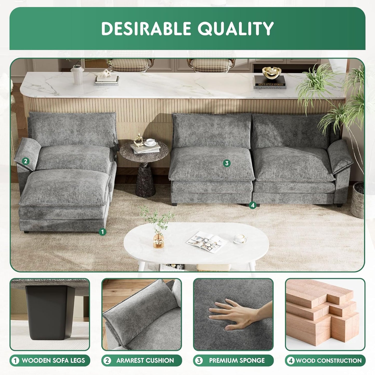 YESHOMY Sectional Modular Sofa L Shaped Chenille Fabric Couch with High Supportive & Soft Sponges and Removable Ottoman, Sleeper Comfy Upholstered Furniture for Living Room, Grey