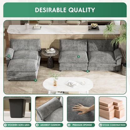 YESHOMY Sectional Modular Sofa L Shaped Chenille Fabric Couch with High Supportive & Soft Sponges and Removable Ottoman, Sleeper Comfy Upholstered Furniture for Living Room, Grey
