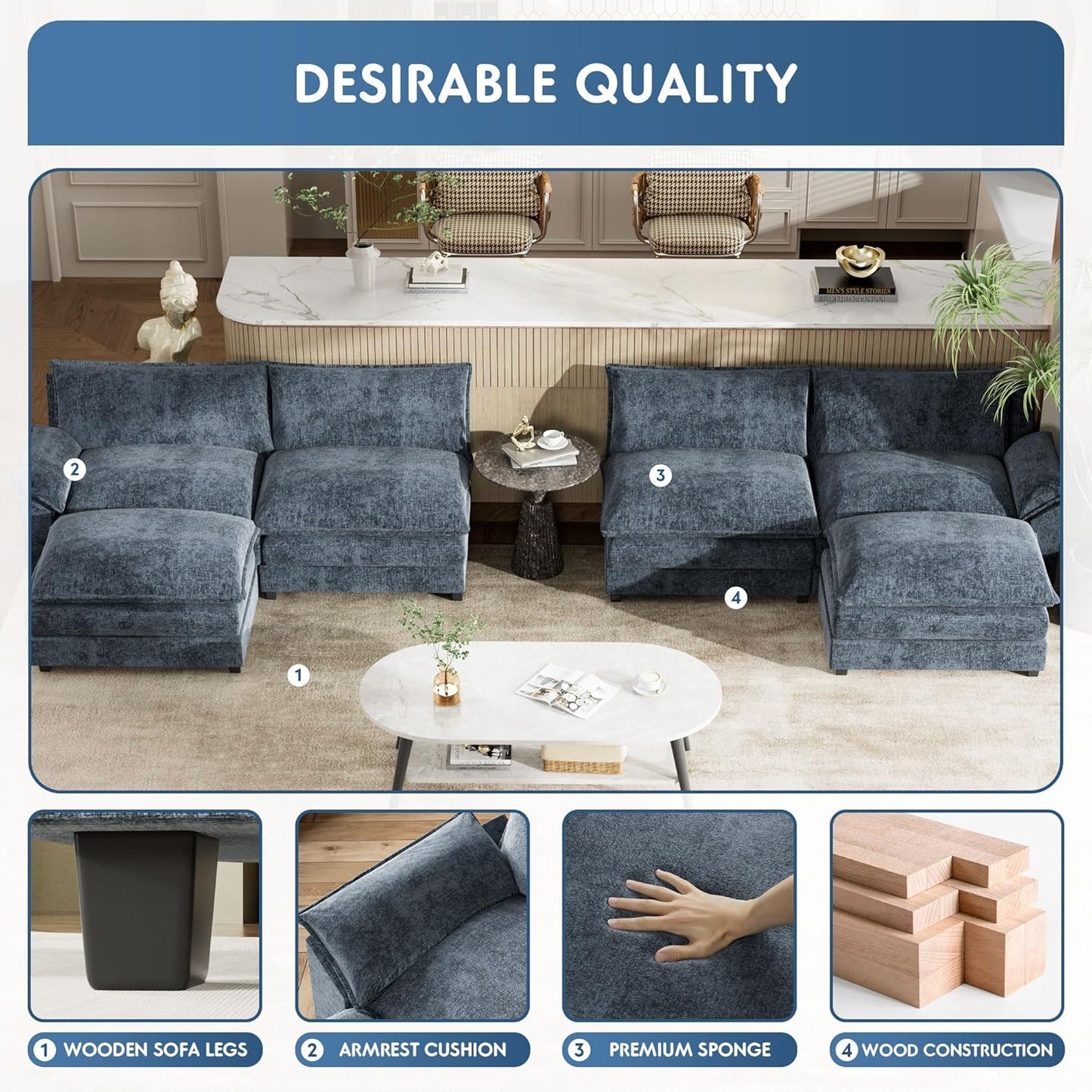 YESHOMY Sectional Modular Sofa U Shaped Chenille Fabric Couch with High Supportive & Soft Sponges and Removable Ottoman, Sleeper Comfy Upholstered Furniture for Living Room, Blue