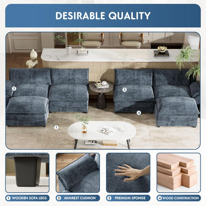YESHOMY Sectional Modular Sofa U Shaped Chenille Fabric Couch with High Supportive & Soft Sponges and Removable Ottoman, Sleeper Comfy Upholstered Furniture for Living Room, Blue