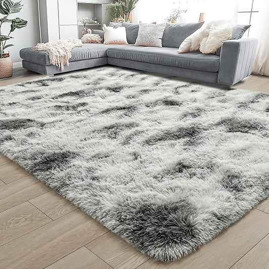 Noahas Large Fluffy 8x10 Area Rugs for Living Room Bedroom,Tie-Dyed Grey and White Thick Shag Throw Rug,Big Soft Shaggy Bedside Non-Slip Plush Dorm Nursery Kids Carpet