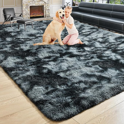 Noahas Fluffy 4x6 Area Rugs for Bedroom Living Room,Tie-Dyed Black and Grey Thick Shag Throw Floor Carpet,Soft Shaggy Bedside Non-Slip Plush Dorm Nursery Kids Rug