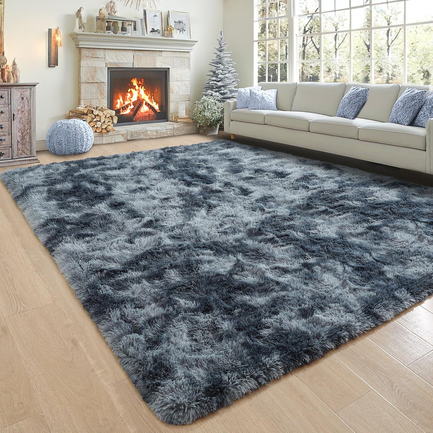 Noahas Fluffy 4x6 Area Rugs for Bedroom Living Room,Tie-Dyed Blue and Grey Thick Shag Throw Floor Carpet,Soft Shaggy Bedside Non-Slip Plush Dorm Nursery Kids Rug
