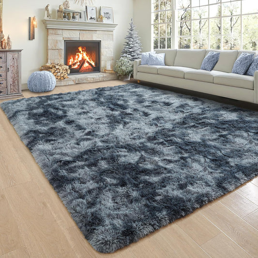 Noahas Fluffy 4x6 Area Rugs for Bedroom Living Room,Tie-Dyed Blue and Grey Thick Shag Throw Floor Carpet,Soft Shaggy Bedside Non-Slip Plush Dorm Nursery Kids Rug
