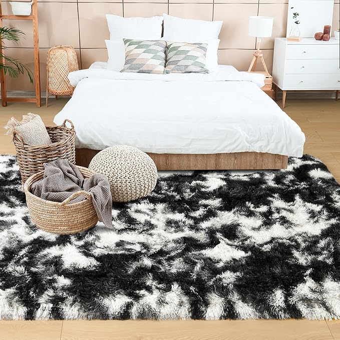 Noahas Fluffy 4x6 Area Rugs for Bedroom Living Room,Tie-Dyed Black and White Thick Shag Throw Floor Carpet,Soft Shaggy Bedside Non-Slip Plush Dorm Nursery Kids Rug