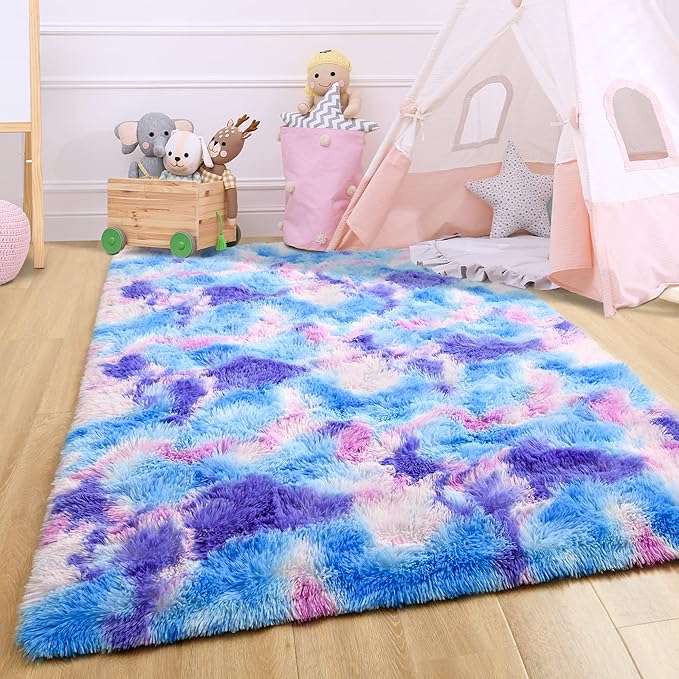 Noahas Fluffy 4x6 Area Rugs for Living Room,Tie-Dyed Blue and Purple Rugs for Bedroom,Thick Shag Throw Floor Carpet,Soft Shaggy Bedside Non-Slip Plush Dorm Nursery Kids Rug Home Decor Aesthetic