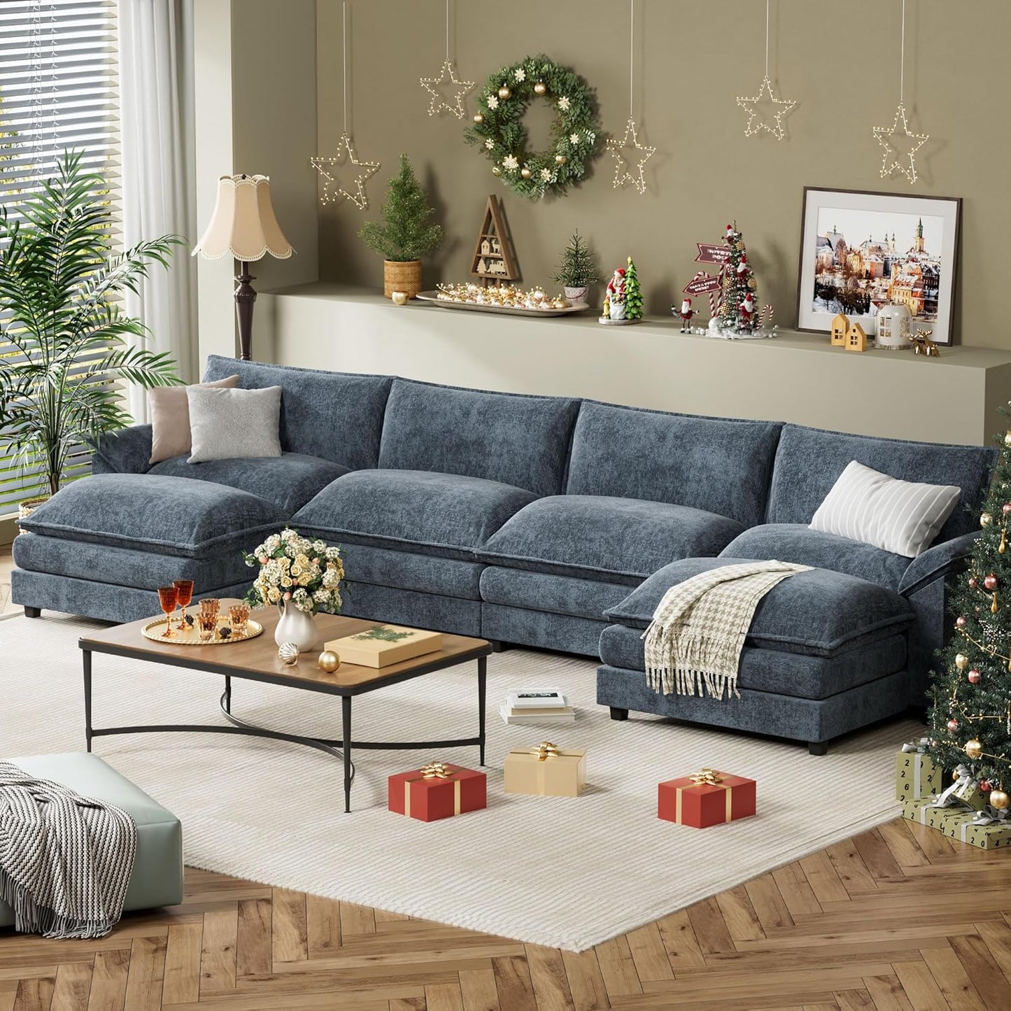 YESHOMY Sectional Modular Sofa U Shaped Chenille Fabric Couch with High Supportive & Soft Sponges and Removable Ottoman, Sleeper Comfy Upholstered Furniture for Living Room, Blue